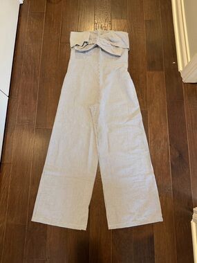 Boutique Light Blue and white searsucker Strapless Wide-Leg Jumpsuit